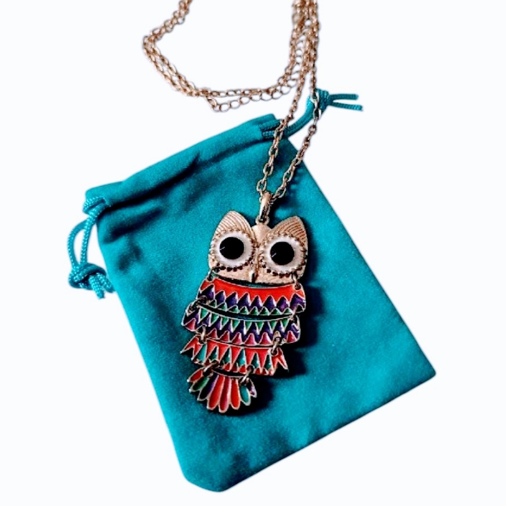 ๐ฒLast Price๐ฒVintage Colorful Owl Articulated Pendant Necklace Bird Jewelry